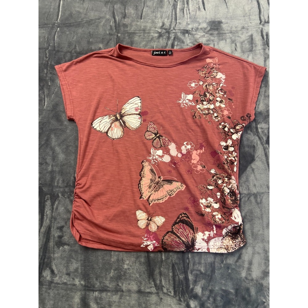 Joei & I Blouse Top Womens Small Heathered Pink Butterfly Floral Side Ruched